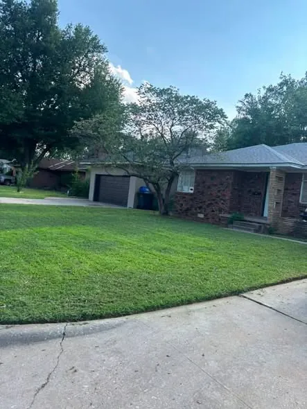 Cut and edged front lawn in front of a single-storey brick house